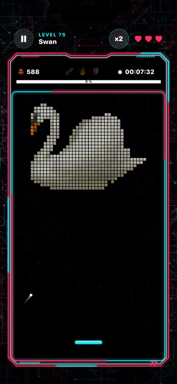 Level 75, Swan: a pixel swan made of bricks at the top of the field, the paddle and one ball below