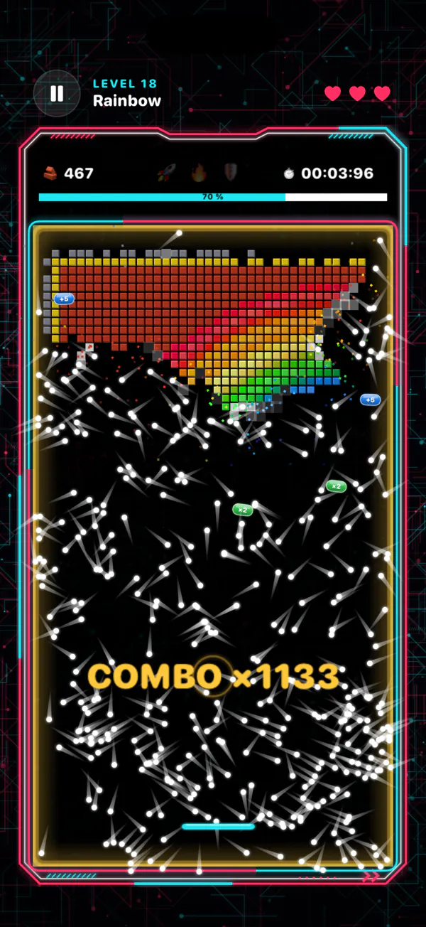 Level 18, Rainbow: hundreds of balls tearing through a rainbow of bricks, combo 1133